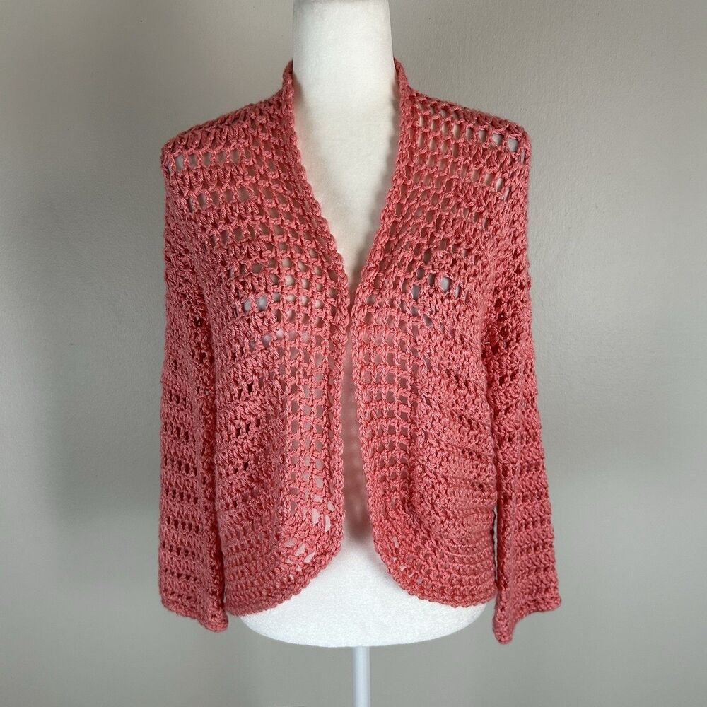 Pink Hand Crochet Cardigan Open Knit M Boho Coquette Layering Top Eclectic
